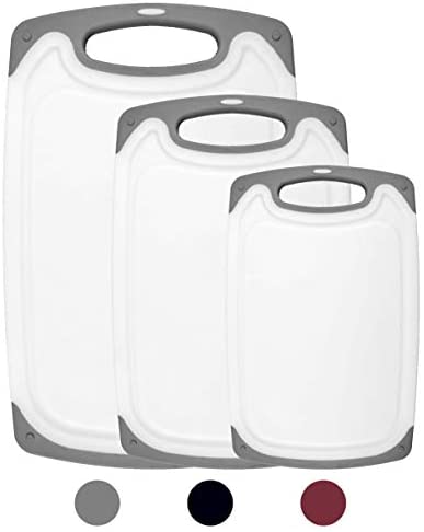 HOMWE Kitchen Cutting Board (3-Piece Set) - Juice Grooves with Easy-Grip Handles - BPA-Free, Non-Porous, Dishwasher Safe - Multiple Sizes (Gray)