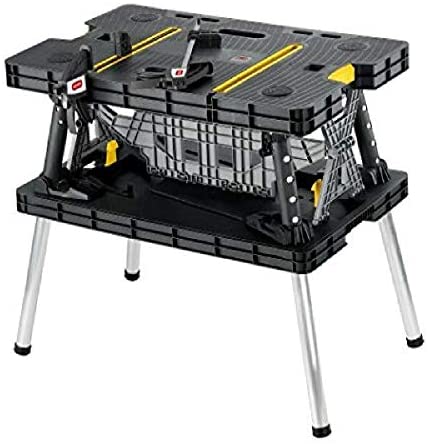 Keter Folding Table Work Bench for Miter Saw Stand, Woodworking Tools and Accessories with Included 12 Inch Wood Clamps – Easy Garage Storage