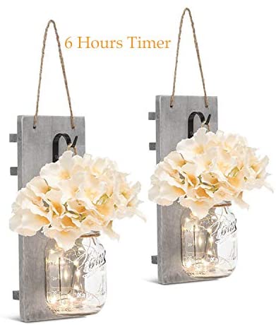 HAchoo Rustic Wall Sconces Mason Jar Decoration Handmade Wall Decor Hanging Design with LED Fairy Lights Living Decor,Farmhouse Kitchen Decorations Wall Home Decor Bathroom Set of 2…