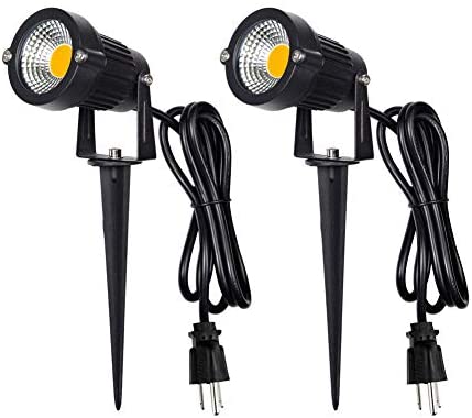 Outdoor Landscape LED Lighting 5W Waterproof Graden Lights COB Led Spotlights with Spiked Stand for Lawn Decorative Lamp US 3- Plug 3500K Warm White Lights (2 Packs)