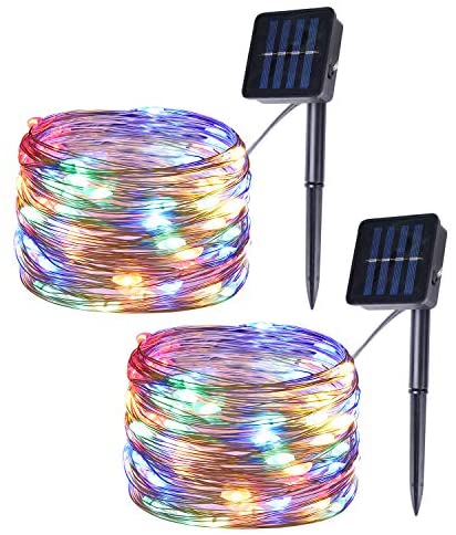 Set of 2 Solar Powered 100-LED String Lights, Outdoor Multicolor Copper Wire Fairy Lights, Waterproof Garden Decoration Christmas Lights
