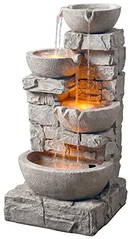 Peaktop 201601PT Floor Stacked Stone 4 Tiered Bowls Waterfall Water Fountain for Outdoor Patio Garden Backyard Decking with Led Lights and Pump, 33" Height, Gray