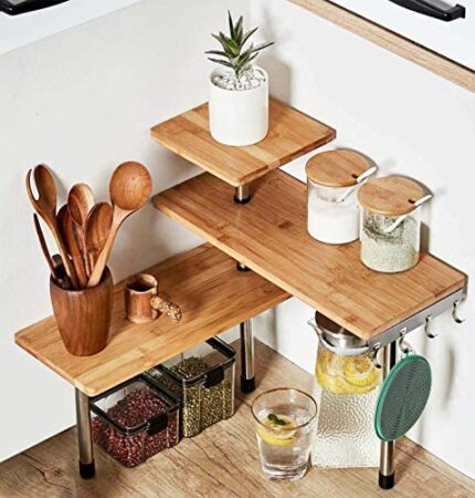 HYNAWIN 3 Tier Corner Shelf Bamboo & Metal Storage Spice Rack-Desk Bookshelf Display Shelves Space Saving Organizer -Adjustable Rack for Kitchen,Bedroom, Office-Creative Home Décor with Hooks